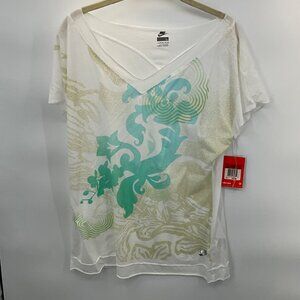 Nike Women's Active V-Neck Graphic‎ Tee White/Green/Blue Size L